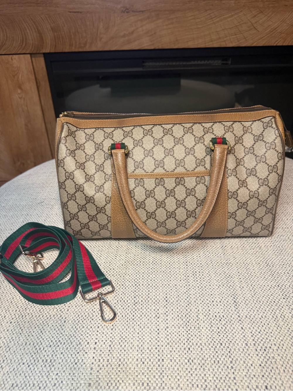 Gucci Beige GG Supreme Satchel with Green-Red Web Strap